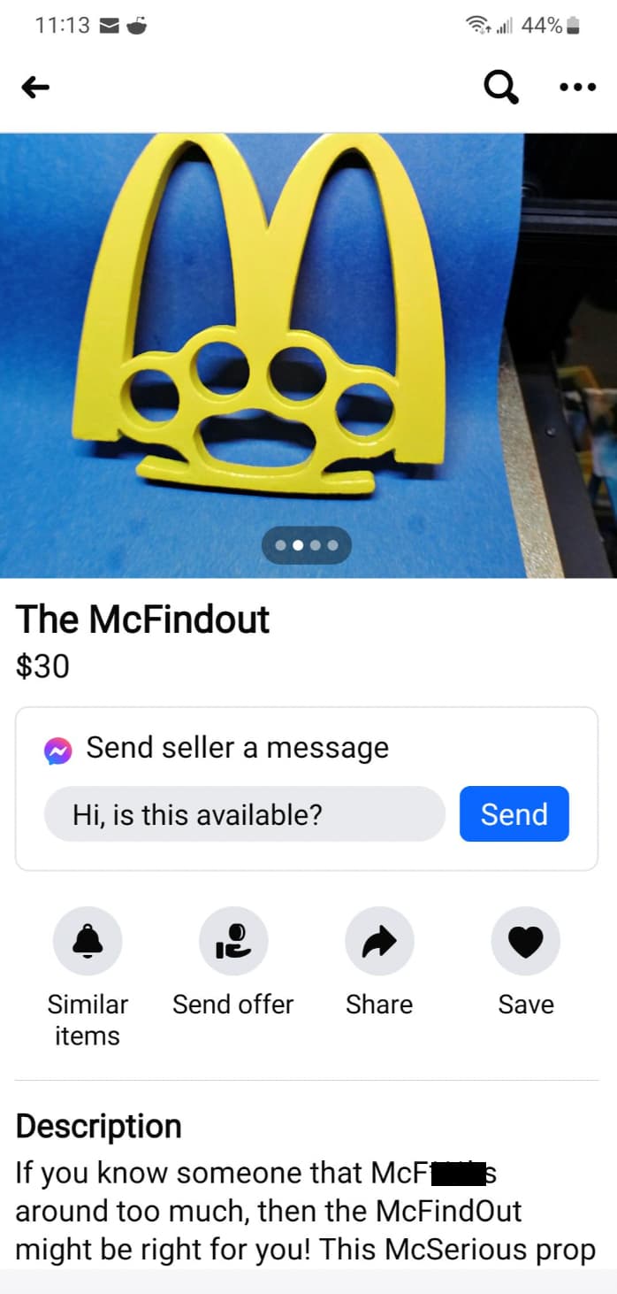 Peavey - The McFindout $30 Send seller a message Hi, is this available? 44% Send Ic Similar Send offer Save items Description If you know someone that McF1 around too much, then the McFindOut might be right for you! This McSerious prop